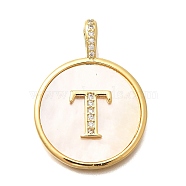 Rack Plating Brass Micro Pave Clear Cubic Zirconia Pendants with Shell, Letter Series Charms, Long-Lasting Plated, Lead Free & Cadmium Free, Letter T, 32x24x3.5mm, Hole: 6x3mm(KK-M309-42G-T)