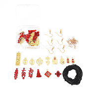 15Pcs Chinese Character Alloy Links Connectors & Pendants, with 5m Waxed Cotton Cord and 10Pcs Brass Earring Hooks for DIY Jewelry KIts, Red(DIY-YW0001-91)