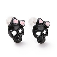 Alloy Skull with Bowknot Stud Earrings with Steel Pin, Halloween Jewelry for Women, Black, 10x7mm, Pin: 0.7mm(EJEW-E143-15)