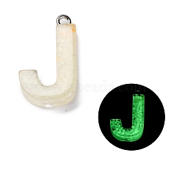 Luminous Resin Pendants, Glow in the Dark, with Platinum Plated Loop, Letter, Letter J, 23x14x5.5mm, Hole: 1.8mm(RESI-I059-J02)