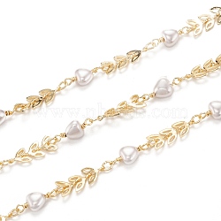 3.28 Feet Brass Cobs Chains, with White Heart CCB Plastic Beads, Unwelded, Long-Lasting Plated, Arrows, Golden, Arrows: 7x6x1.5mm, CCB Beads: 14x6x3.5mm(X-CHC-H101-05G)