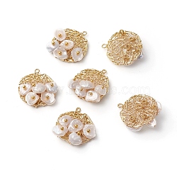 Electroplated Pearl Pendants, Filigree, with Brass Findings, Flat Round, Golden, 20x22x7.3mm, Hole: 1.2mm(PEAR-G009-02G)