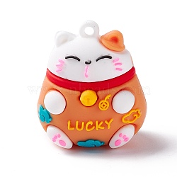 PVC Cartoon Lucky Cat Doll Pendants, for Keychains, Maneki Neko, Dark Orange, 37x32x27mm, Hole: 3mm(KY-C008-12A)