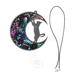 Opaque Acrylic Big Pendants, Leather Strap with Plastic Accessories, Moon with Cat, Colorful, 127x120x3.5mm, Hole: 4mm(MACR-D084-01A)