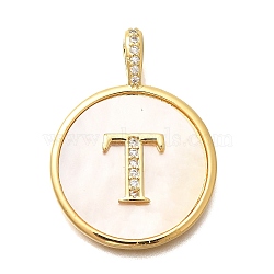 Rack Plating Brass Micro Pave Clear Cubic Zirconia Pendants with Shell, Letter Series Charms, Long-Lasting Plated, Lead Free & Cadmium Free, Letter T, 32x24x3.5mm, Hole: 6x3mm(KK-M309-42G-T)