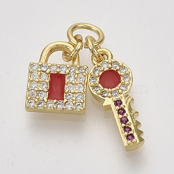 Brass Micro Pave Cubic Zirconia Pendants, with Enamel and Jump Rings, Key and Lock, Nickel Free, Real 18K Gold Plated, Red, Lock: 10x7.5x2, Key: 15x6x2mm, Hole: 3.4mm(ZIRC-Q022-010G-01-NF)