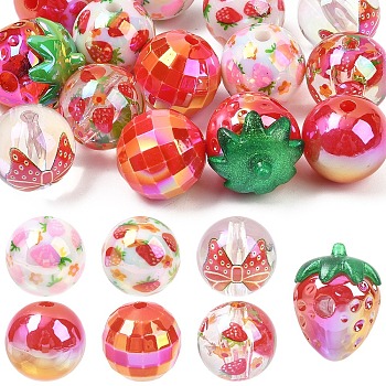 15Pcs 7 Styles Transparent Acrylic Beads, AB Colors Plated, Strawberry and Round, Mixed Color, 15~23x15.5~17.5mm, Hole: 2.5~3.8mm