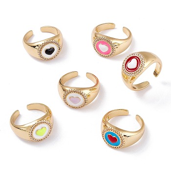 Brass Clear Cubic Zirconia Cuff Rings, Open Rings, Long-Lasting Plated, with Enamel, Real 18K Gold Plated, Flat Round with Heart, Mixed Color, 3.7~12.8mm, Inner Diameter: 17.7mm
