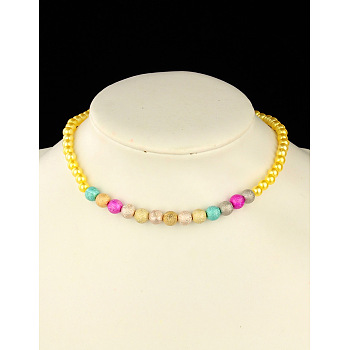 Fashion Imitation Acrylic Pearl Stretchy Necklaces for Kids, with Colorful Spray Painted Acrylic Beads, Yellow, 15 inch