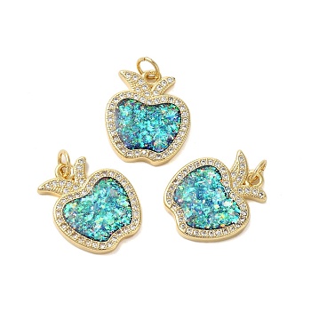 Brass Micro Pave Cubic Zirconia Pendants, with Synthetic Opal, Long-Lasting Plated, Lead Free & Cadmium Free, Apple, with Jump Rings, Real 18K Gold Plated, 19x16x3mm, Hole: 3mm