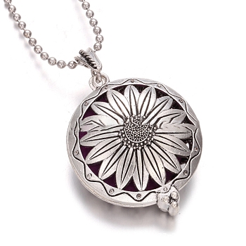 Antique Silver Alloy Magnetic Locket Necklaces, Aromatherapy Cotton Sheet Inside Perfume Bottle Necklaces, Flower, 31.50 inch(80cm)
