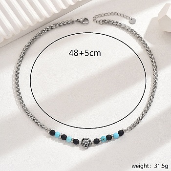 Vintage Stainless Steel Lion Head Synthetic Turquoise Beaded Necklaces for Daily Wear, 18.90 inch(48cm)