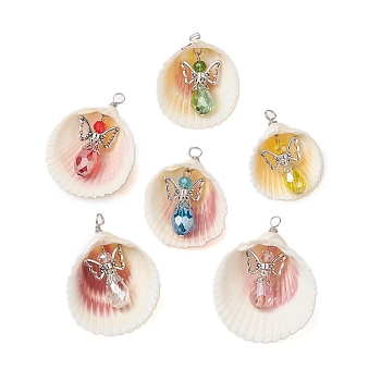 6Pcs 6 Colors Natural Shell Pendants, Faceted Glass Angel Charms with Tibetan Style Alloy Wings, Antique Silver, Mixed Color, 41~54x32~43x14~17mm, Hole: 4mm, 1pc/color