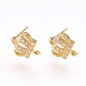 Brass Micro Pave Cubic Zirconia Stud Earring Findings, with Loop, Lead Free & Cadmium Free, Crown, Clear, Golden, 10x8x2mm, Hole: 1mm, Pin:0.6mm