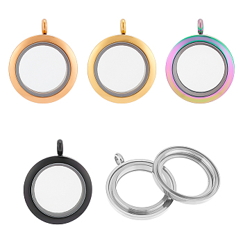 5Pcs 5 Colors 304 Stainless Steel Locket Pendants, Double Sides with Glass, DIY Accessories for Jewelry Pendant Making, Flat Round Charm, Mixed Color, 30.5x25x8mm, Hole: 3.6mm, Inner Diameter: 17.5mm, 1pc/color