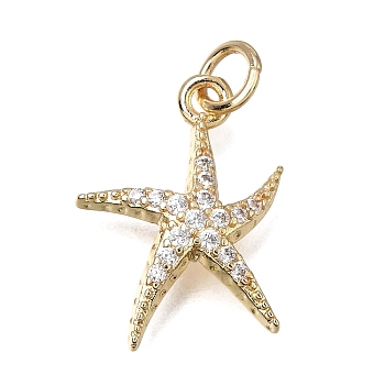Brass Micro Pave Clear Cubic Zirconia Pendants, Starfish Charms, Rack Plating, Long-Lasting Plated, Golden, 17x13x2mm, Hole: 3mm