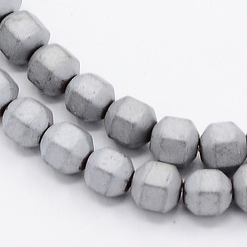 Frosted Electroplate Non-magnetic Synthetic Hematite Round Beads Strands, Faceted, Platinum Plated, 4x4mm, Hole: 1mm, about 100pcs/strand, 15.7 inch