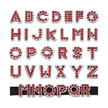 52 Pcs 26 Letters Alloy Rhinestone Slide Charms, Alphabet, Cadmium Free & Lead Free, Light Siam, Platinum, Letter A~Z, 12mm, 2pcs/letter