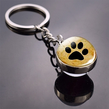 Dog Paw Print Pattern Glass Double-sided Ball Keychains, with Alloy Finding, for Backpack, Keychain Decor, Goldenrod, 8cm