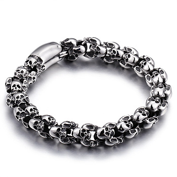 Titanium Steel Skull Link Chain Bracelet for Men, Antique Silver, 7-1/4 inch(18.5cm)