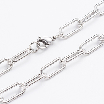 304 Stainless Steel Paperclip Chains, Drawn Elongated Cable Chains Necklaces, with Lobster Clasps, Stainless Steel Color, 24.21 inch(61.5cm)