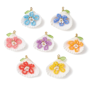 7Pcs Glass Seed Beaded Shell with Flower Pendants, with Clam Shell & Resin Imitation Pearl & Copper Wire, Mixed Color, 27.5x26~29x12~14mm, Hole: 2mm