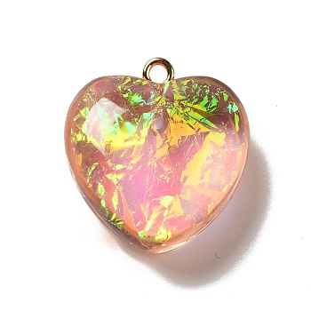 Transparent Resin Pendants, Heart Charms, with Gold Foil and Golden Tone Iron Loops, Pink, 23.5~24x22x11~12mm, Hole: 2mm
