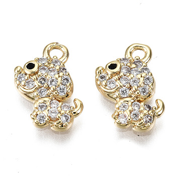 Brass Micro Pave Clear Cubic Zirconia Charms, Nickel Free, Dog, Real 18K Gold Plated, 10x9x2mm, Hole: 1.2mm