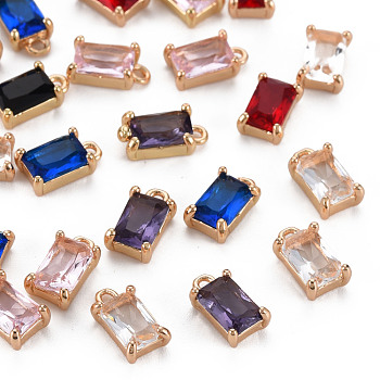 Glass Charms, with Light Gold Tone Brass Findings, Long-Lasting Plated, Faceted, Rectangle, Mixed Color, 8.5x5x3mm, Hole: 1mm