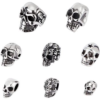 304 Stainless Steel Beads & European Beads, Skull, Antique Silver, 8~16x8~11x8.5~14mm, 8pcs/box