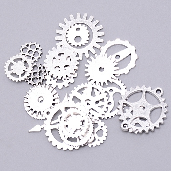 Alloy Cabochons, UV Epoxy Resin Supplies Filling Accessories, for Jewelry Making, Gearwheel & Pointer, Mix Shape, Cadmium Free & Lead Free, Antique Silver, 12~28x6.5~24x1.5~3.5mm, about 110~125pcs/bag