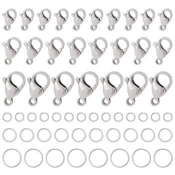 120Pcs 3 Styles 304 Stainless Steel Lobster Claw Clasps with 120Pcs 3 Styles Open Jump Rings, Stainless Steel Color, Clasp: 9~15x6~9x3~4mm, Hole: 1~2mm; Jump Rings: 4~8x0.7mm(21 Gauge), Inner Diameter: 2.6~6.6mm