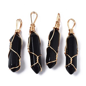 Natural Black Stone Big Pendants, with Golden Brass Findings, Hexagonal Prisms, 44.5~52x10~11x9.5~10.5mm, Hole: 4x7mm