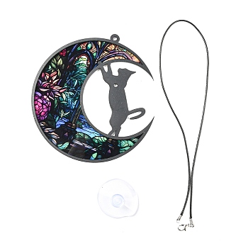 Opaque Acrylic Big Pendants, Leather Strap with Plastic Accessories, Moon with Cat, Colorful, 127x120x3.5mm, Hole: 4mm