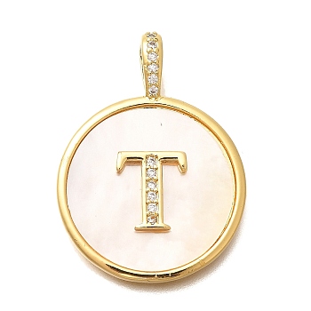 Rack Plating Brass Micro Pave Clear Cubic Zirconia Pendants with Shell, Letter Series Charms, Long-Lasting Plated, Lead Free & Cadmium Free, Letter T, 32x24x3.5mm, Hole: 6x3mm