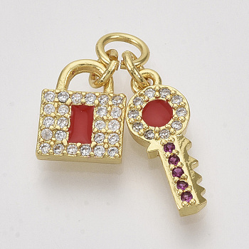 Brass Micro Pave Cubic Zirconia Pendants, with Enamel and Jump Rings, Key and Lock, Nickel Free, Real 18K Gold Plated, Red, Lock: 10x7.5x2, Key: 15x6x2mm, Hole: 3.4mm