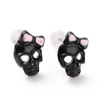 Alloy Skull with Bowknot Stud Earrings with Steel Pin, Halloween Jewelry for Women, Black, 10x7mm, Pin: 0.7mm