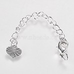 Long-Lasting Plated Brass Chain Extender, with Lobster Claw Clasps and Heart Tips, Real Platinum Plated, 65x3mm, Hole: 2.5mm(X-KK-K210-05P)
