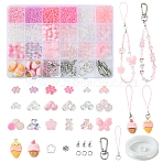 Glass with Transparent Acrylic Beads for DIY Mobile Phone Chain Making Kit, Pink, 2~26.5x2~20x2~8mm, Hole: 1mm(DIY-FS0006-74A)