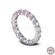 Rhodium Plated 925 Sterling Silver Micro Pave Cubic Zirconia Finger Ring for Women, Real Platinum Plated, Pink, 3mm, US Size 7(17.3mm)(RJEW-F150-01B-02P)