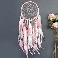 Cotton Woven Net/Web with Feather Hanging Decorations, Braided Glass Beads Hanging Ornaments for Home Office Decoration, Pink, 670mm(PW-WG17D07-01)