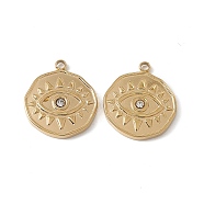 Vacuum Plating 201 Stainless Steel Pendants, Crystal Rhinestone Flat Round with Eye Pattern Charms, Real 18K Gold Plated, 17x15x2mm, Hole: 1.5mm(STAS-J401-VC544)