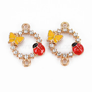 Alloy Links Connectors, with Enamel and Crystal Rhinestone, Light Gold, Ring with Ladybird & Butterfly, Gold & Red, Mixed Color, 22x18x3mm, Hole: 2mm(PALLOY-N153-14-RS)