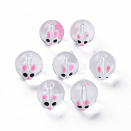 Transparent Glass Enamel Beads, Round with Rabbit, Hot Pink, 12.5~14x12x11.5mm, Hole: 1.6mm(GLAA-N049-010)