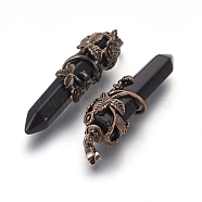 Natural Black Agate Pointed Pendants, with Red Copper Plated Brass Findings, Bullet, 57~60x16mm, Hole: 8x5mm(X-G-O164-02D)