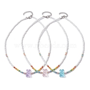 3 PCS Bear Shape Acrylic Beaded Necklaces, with Glass Seed Beads, Mixed Color, 16.10 inch(40.9cm), 3pcs/set(NJEW-JN04632)