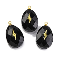 Natural Obsidian Pendants, Faceted Egg Shaped Charms with Rack Plating Golden Plated Brass Slices, Lead Free & Cadmium Free, 21x12.5x8mm, Hole: 1.5mm(G-B089-01G-01)