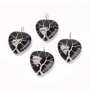 Natural Black Agate Pendants, with Brass Findings, Heart, Dyed & Heated, Platinum, 39~42x30~31x10~11mm, Hole: 5mm(G-G713-F01)
