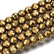 Electroplate Non-magnetic Synthetic Hematite Beads Strands, Round, Faceted, Golden Plated, 4mm, Hole: 1mm, about 108pcs/strand, 15.67 inch~15.91 inch(39.8cm~40.4cm)(G-T114-60B-G)