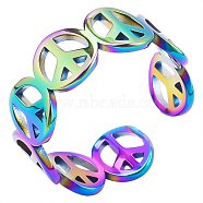 Stainless Steel Hollow Out Peace Sign Open Cuff Ring for Women, Rainbow Color, Inner Diameter: 17mm(FIND-PW0011-029MC)